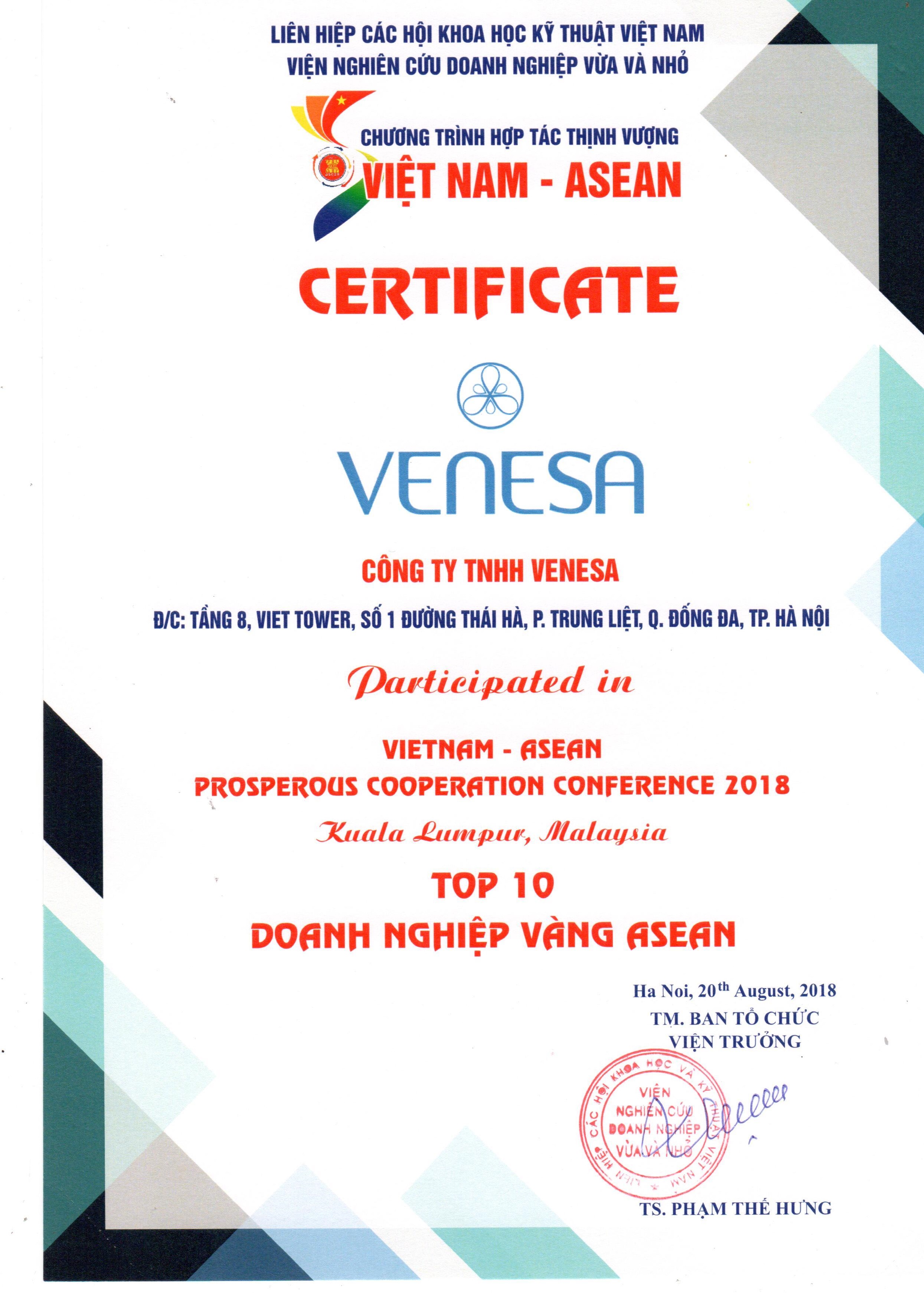 Venesa lọt Top 10 Doanh nghiệp vàng ASEAN